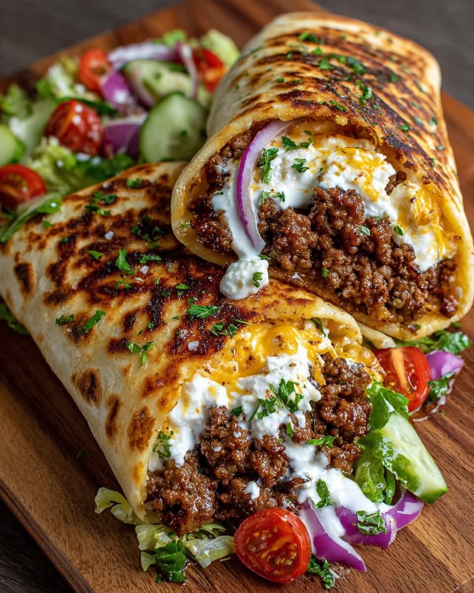 Mediterranean Ground Beef Pita Wrap with Hot Honey Feta Cream